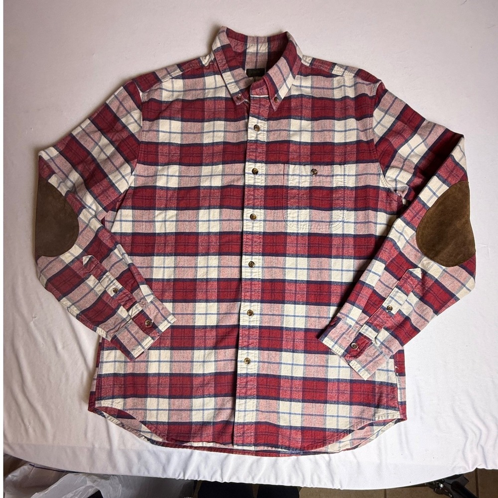 J Crew Red Plaid Flannel Shirt with Suede Elbow‎ Patches Mens Size Large-958